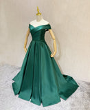 Solvbao Dark Green A-line Sweetheart Off Shoulder Satin Junior Prom Dress, Green Wedding Party Dress