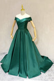 Solvbao Dark Green A-line Sweetheart Off Shoulder Satin Junior Prom Dress, Green Wedding Party Dress