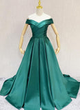 Solvbao Dark Green A-line Sweetheart Off Shoulder Satin Junior Prom Dress, Green Wedding Party Dress