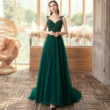 Solvbao Green Beaded V-neckline Straps Tulle Long Formal Dress, Dark Green A-Line Prom Dress