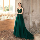 Solvbao Green Beaded V-neckline Straps Tulle Long Formal Dress, Dark Green A-Line Prom Dress