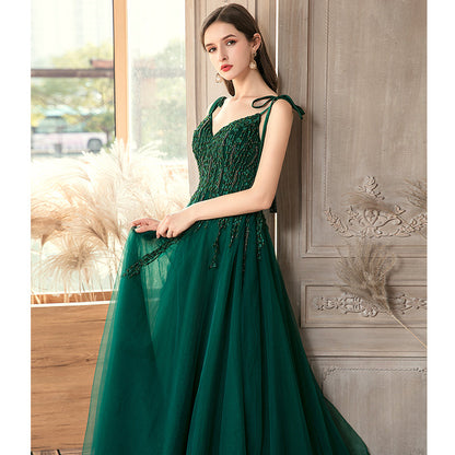 Solvbao Green Beaded V-neckline Straps Tulle Long Formal Dress, Dark Green A-Line Prom Dress