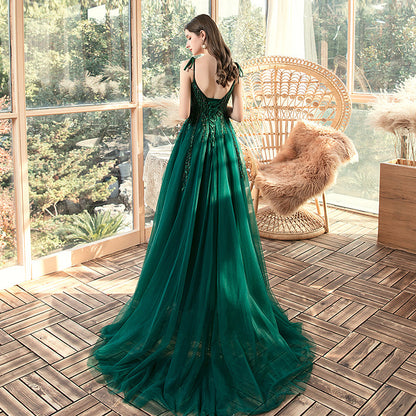 Solvbao Green Beaded V-neckline Straps Tulle Long Formal Dress, Dark Green A-Line Prom Dress