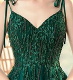 Solvbao Green Beaded V-neckline Straps Tulle Long Formal Dress, Dark Green A-Line Prom Dress