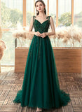 Solvbao Green Beaded V-neckline Straps Tulle Long Formal Dress, Dark Green A-Line Prom Dress