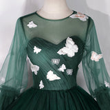 Solvbao Dark Green Long Sleeves Ball Gown Sweet 16 Dresses, Green Tulle Round Neckline Prom Dresses