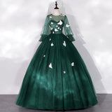 Solvbao Dark Green Long Sleeves Ball Gown Sweet 16 Dresses, Green Tulle Round Neckline Prom Dresses