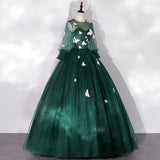 Solvbao Dark Green Long Sleeves Ball Gown Sweet 16 Dresses, Green Tulle Round Neckline Prom Dresses