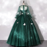 Solvbao Dark Green Long Sleeves Ball Gown Sweet 16 Dresses, Green Tulle Round Neckline Prom Dresses