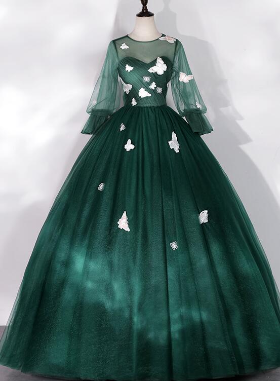 Solvbao Dark Green Long Sleeves Ball Gown Sweet 16 Dresses, Green Tulle Round Neckline Prom Dresses