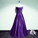 Solvbao Purple Satin Off Shoulder A-line Long Party Dress, Floor Length Junior Prom Dress