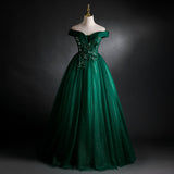 solvbao Dark Green Sweetheart Off Shoulder Long Party Dress with Lace Applique, Green Prom Dress