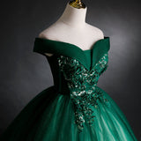 solvbao Dark Green Sweetheart Off Shoulder Long Party Dress with Lace Applique, Green Prom Dress