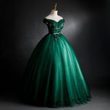 solvbao Dark Green Sweetheart Off Shoulder Long Party Dress with Lace Applique, Green Prom Dress