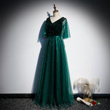 solvbao Dark Green V-neckline Shiny Tulle and Sequins Long Formal Dress, Green Bridesmaid Dresses