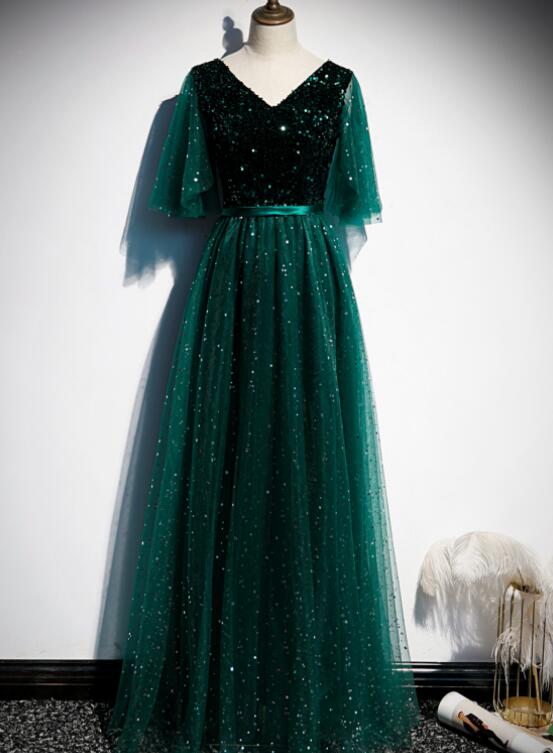 solvbao Dark Green V-neckline Shiny Tulle and Sequins Long Formal Dress, Green Bridesmaid Dresses