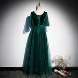 solvbao Dark Green V-neckline Shiny Tulle and Sequins Long Formal Dress, Green Bridesmaid Dresses