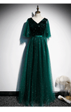 solvbao Dark Green V-neckline Shiny Tulle and Sequins Long Formal Dress, Green Bridesmaid Dresses