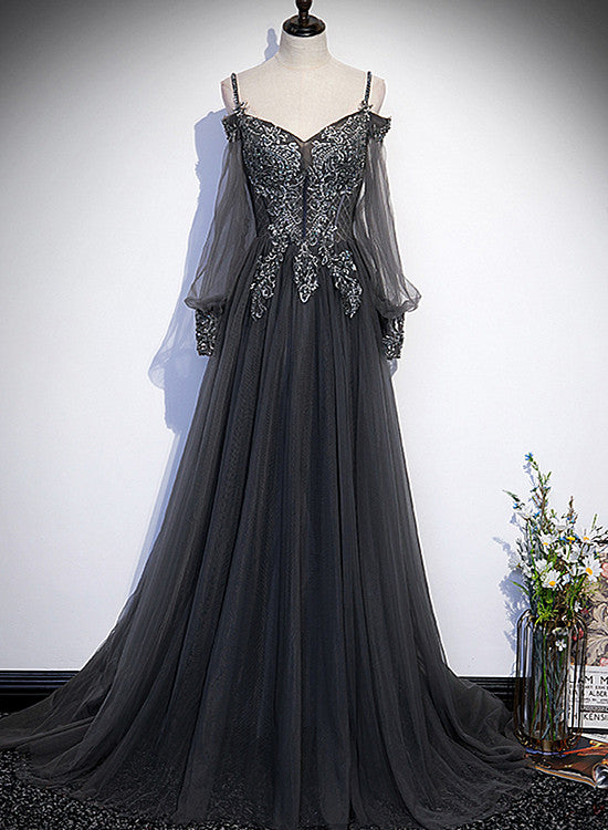 solvbao Dark Grey Long Sleeves Lace Applique A-line Prom Dress, Grey Long Formal Dresses