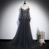 solvbao Dark Grey Long Sleeves Lace Applique A-line Prom Dress, Grey Long Formal Dresses