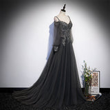 solvbao Dark Grey Long Sleeves Lace Applique A-line Prom Dress, Grey Long Formal Dresses