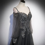 solvbao Dark Grey Long Sleeves Lace Applique A-line Prom Dress, Grey Long Formal Dresses