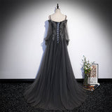 solvbao Dark Grey Long Sleeves Lace Applique A-line Prom Dress, Grey Long Formal Dresses