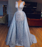 kamahe Elegant Blue Lace Sleeveless Deep V Neck Prom Dresses Party Dresses