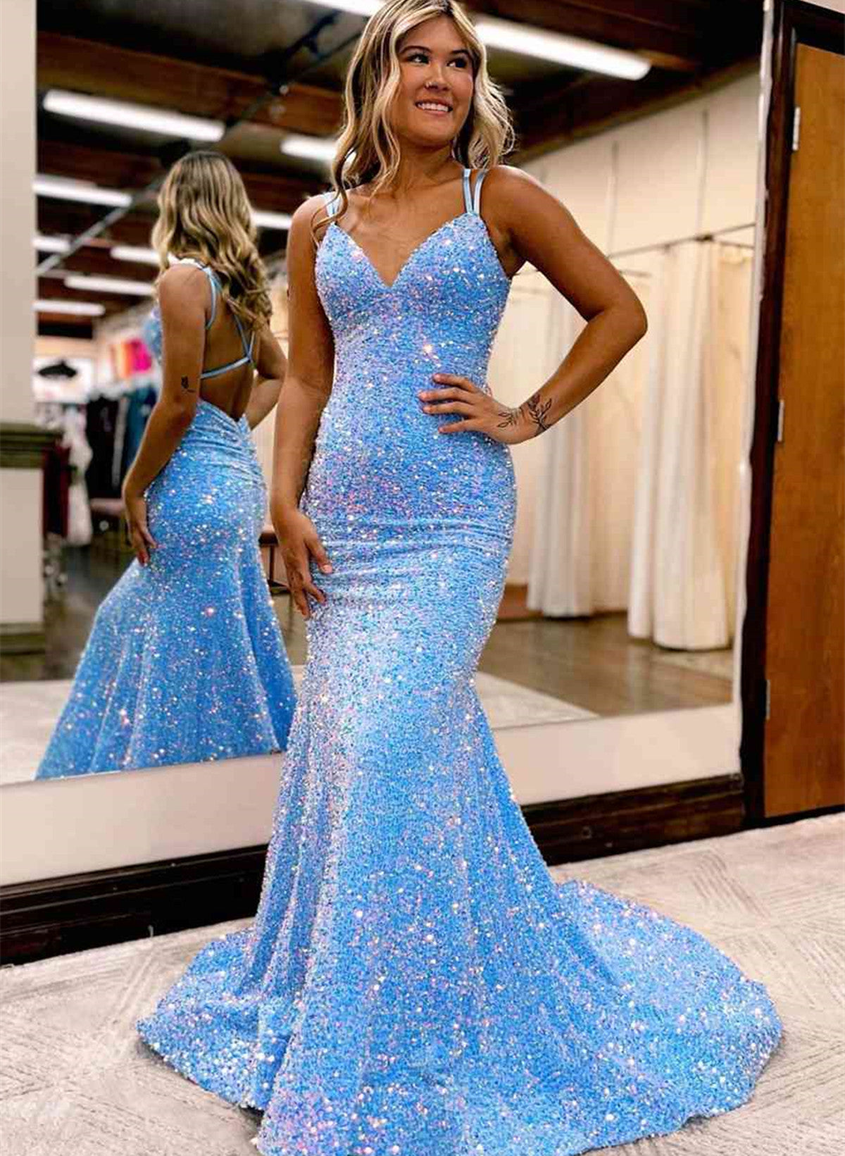 solvbao Blue V-neckline Sequins Mermaid Long Party Dress, Blue Backless Prom Dress