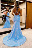 solvbao Blue V-neckline Sequins Mermaid Long Party Dress, Blue Backless Prom Dress