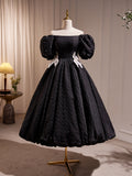 kamahe Elegant Black A-Line Off Shoulder Prom Dress with Beads