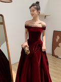 Solvbao Elegant Burgundy Velvet A-line Lace-up Floor Length Party Dress, Dark Red Evening Dress Prom Dress