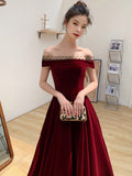 Solvbao Elegant Burgundy Velvet A-line Lace-up Floor Length Party Dress, Dark Red Evening Dress Prom Dress