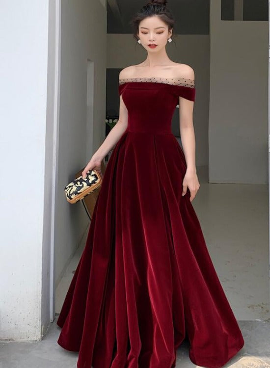 Solvbao Elegant Burgundy Velvet A-line Lace-up Floor Length Party Dress, Dark Red Evening Dress Prom Dress