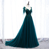 Solvbao Elegant Teal Blue Tulle V-neckline Beaded Lace Long Prom Dress, A-line Blue Formal Dresses