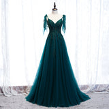 Solvbao Elegant Teal Blue Tulle V-neckline Beaded Lace Long Prom Dress, A-line Blue Formal Dresses