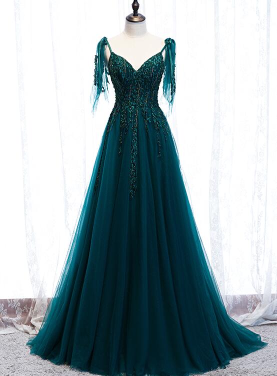 Solvbao Elegant Teal Blue Tulle V-neckline Beaded Lace Long Prom Dress, A-line Blue Formal Dresses