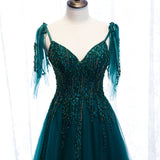 Solvbao Elegant Teal Blue Tulle V-neckline Beaded Lace Long Prom Dress, A-line Blue Formal Dresses