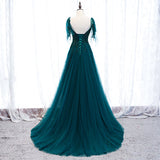 Solvbao Elegant Teal Blue Tulle V-neckline Beaded Lace Long Prom Dress, A-line Blue Formal Dresses