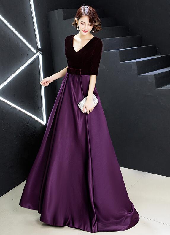 Solvbao Elegant V-neckline Velvet Top Long Bridesmaid Dresses, A-line Short Sleeves Prom Dresses