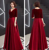 Solvbao Elegant V-neckline Velvet Top Long Bridesmaid Dresses, A-line Short Sleeves Prom Dresses