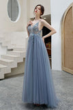 Solvbao Sexy Blue V-neckline Straps Beaded Top Long Party Dress, V Back Leg Slit Prom Dress