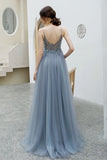 Solvbao Sexy Blue V-neckline Straps Beaded Top Long Party Dress, V Back Leg Slit Prom Dress