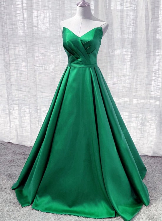 Solvbao Green Satin A-line Floor Length Long Evening Dress Party Dress, Green Long Prom Dress