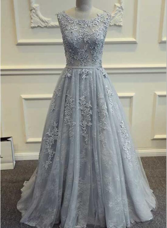 solvbao Grey Prom Dress , Tulle and Lace Evening Gowns, Formal Gowns