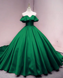 Solvbao Green Satin Sweetheart Off Shoulder Ball Gown Long Sweet 16 Dress, Green Quinceanera Dress