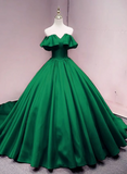 Solvbao Green Satin Sweetheart Off Shoulder Ball Gown Long Sweet 16 Dress, Green Quinceanera Dress