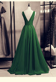 Solvbao Green Satin V-neckline Low Back Floor Length Prom Dress Evening Dress, Green Party Dress Formal Dress