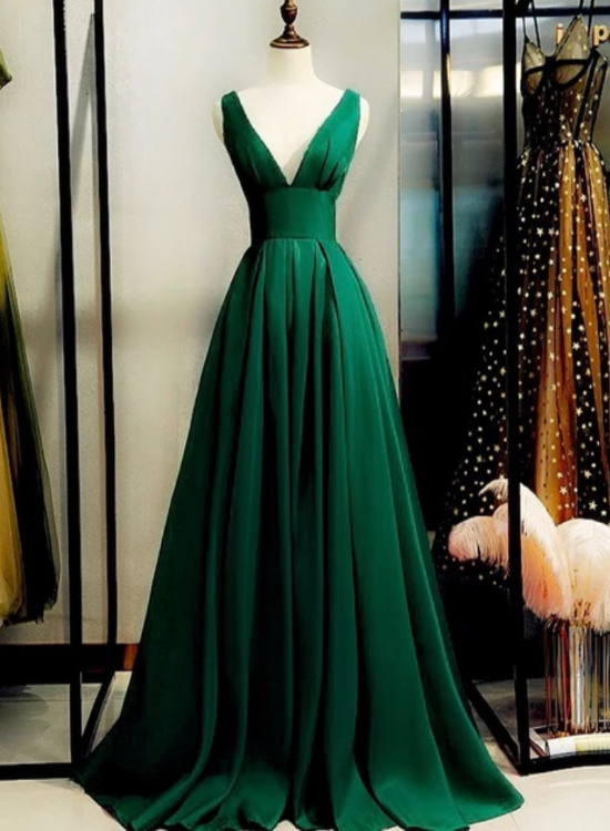 Solvbao Green Satin V-neckline Low Back Floor Length Prom Dress Evening Dress, Green Party Dress Formal Dress