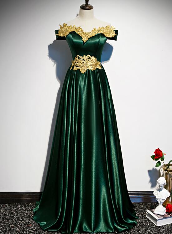 Solvbao Green Satin with Gold Lace Off Shoulder Long Evening Dress, Green Prom Dresses